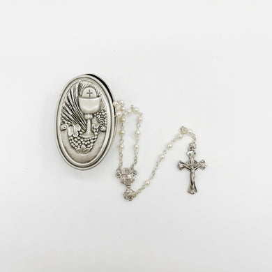 5MM WHITE COMMUNION ROSARY AND BOX