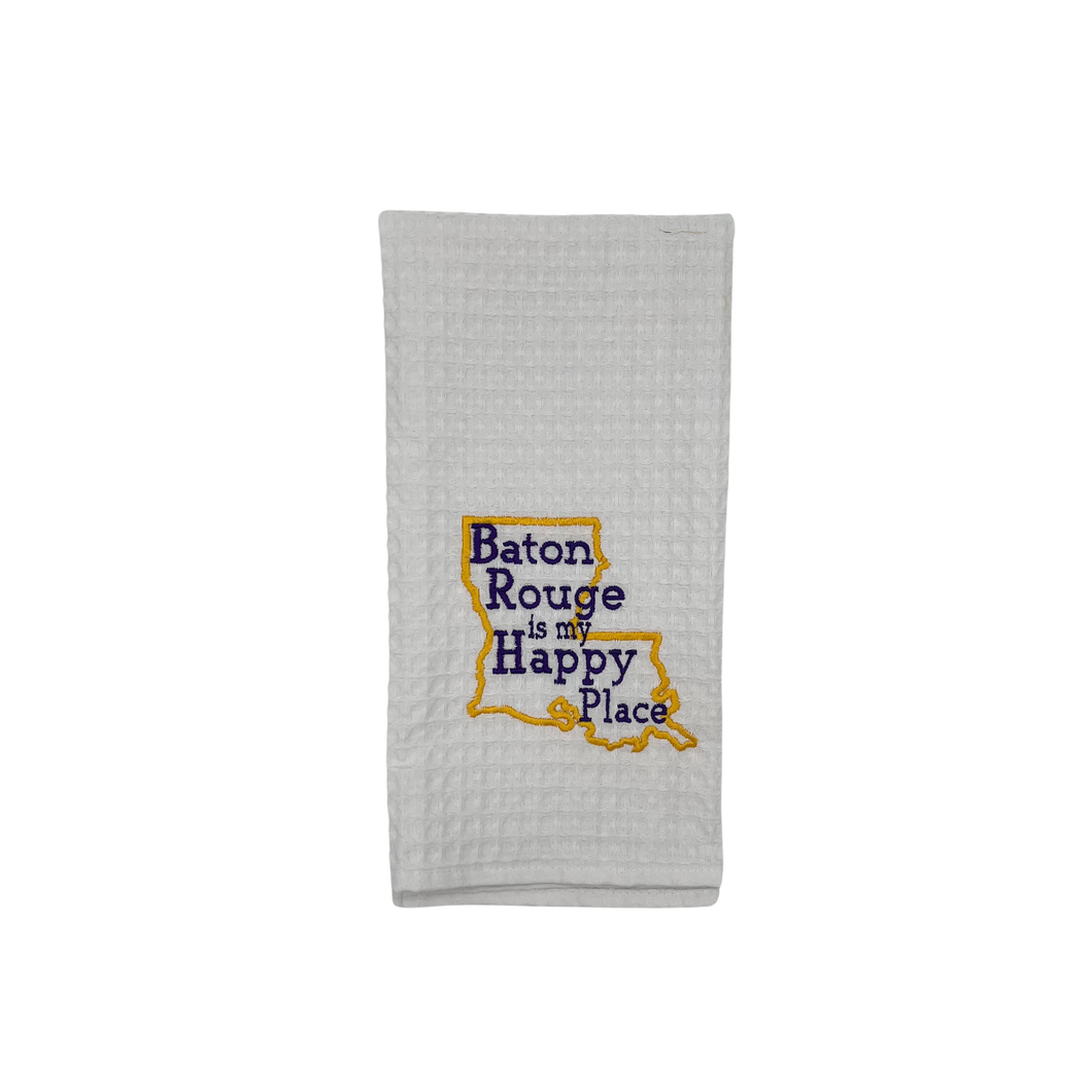 PURPLE AND GOLD BATON ROUGE IS MY HAPPY PLACE TOWEL