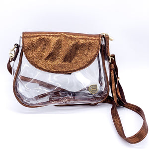 BRONZE LEATHER FLAP CLEAR PURSE
