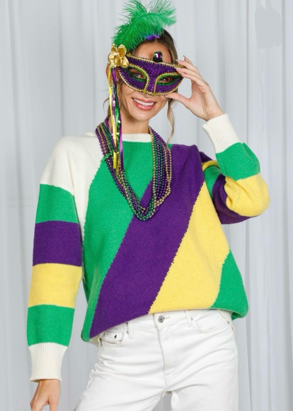 MARDI GRAS DIAGONAL STRIPE SWEATER