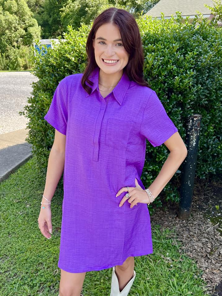 PURPLE COLLARED POCKET DRESS