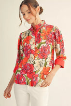 FLORAL BUTTON UP RUFFLE NECK TOP