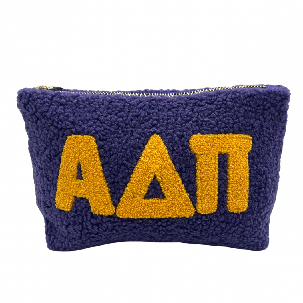 ALPHA DELTA PI PURPLE AND GOLD TEDDY POUCH COSMETIC