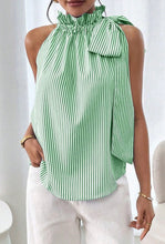 GREEN/WHITE TIE NECK TOP