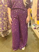 PURPLE & GOLD METALLIC STAR WIDE LEG PANTS