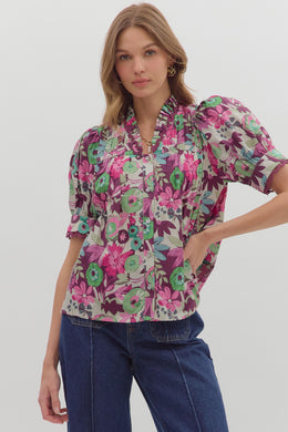 PLUM FLORAL BUTTON UP TOP