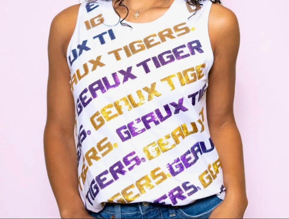 GEAUX TIGERS VARISTY BLOCK TOP