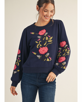 NAVY FLOWER EMBROIDERED SWEATSHIRT