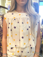 PURPLE & GOLD STARS SHIRRED SHORT SLEEVE TOP