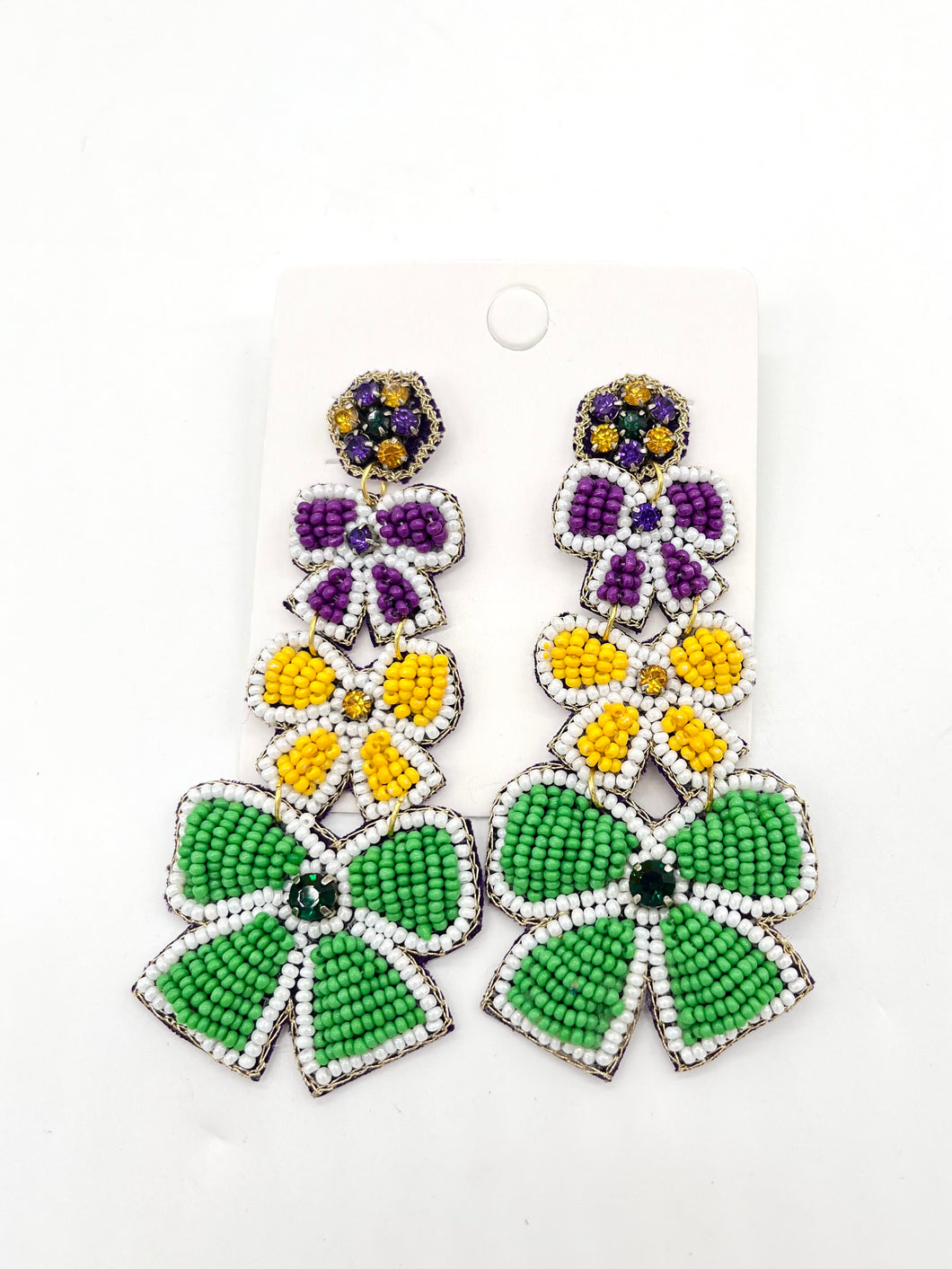 MARDI GRAS 3 BOW DROP EARRINGS