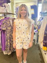 PURPLE & GOLD STARS SHIRRED SHORT SLEEVE TOP