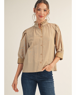 TAUPE STRIPE BUTTON UP TOP