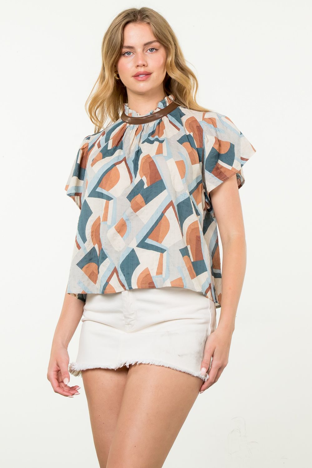 BROWN BLUE FLUTTER SLEEVE TOP