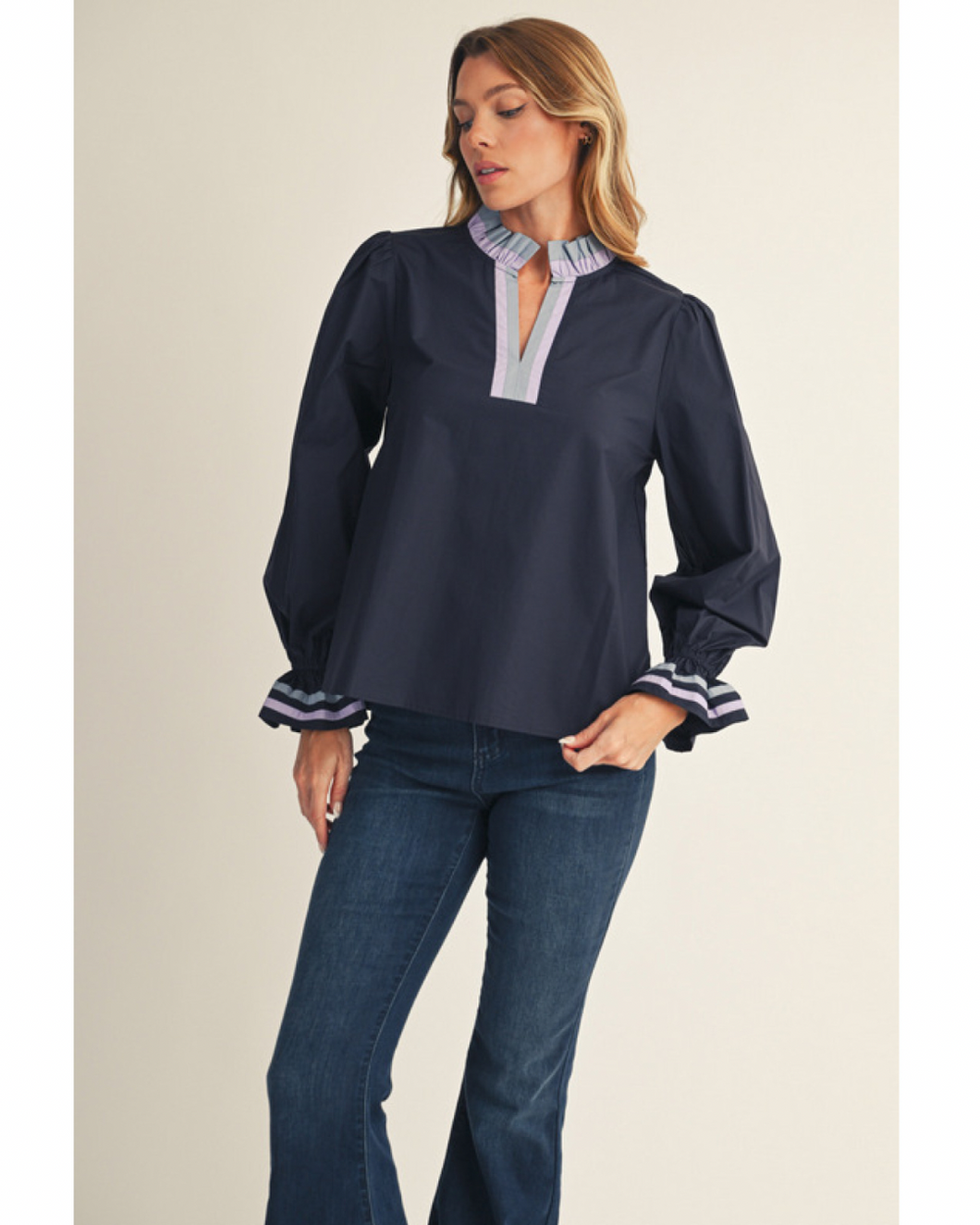 NAVY LAVENDER TRIM RUFFLE SLEEVE TOP