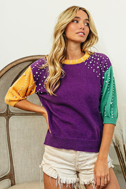 MARDI GRAS SHORT SLEEVE PEARL SWEATER