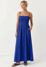 BLUE POM POM SMOCKING MAXI DRESS