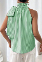GREEN/WHITE TIE NECK TOP