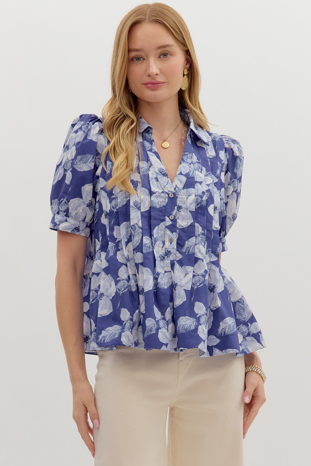 BLUE FLORAL PLEATED TOP
