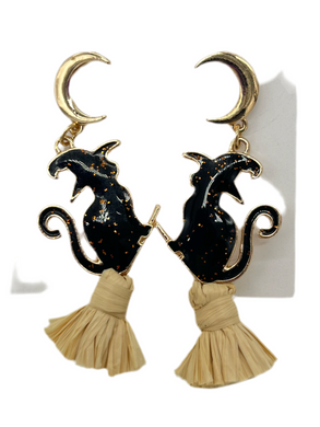 CAT ON BROOM EARRING