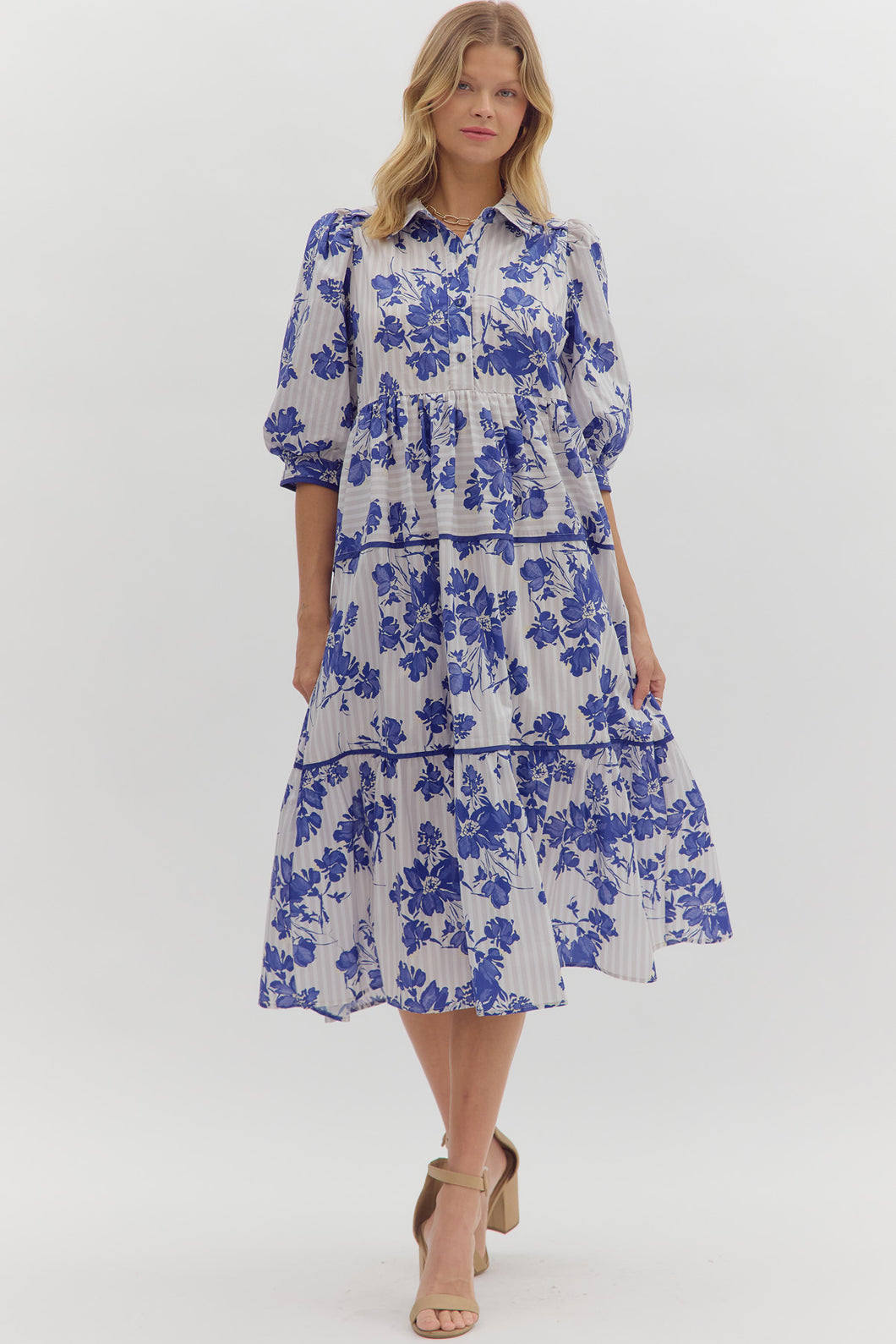BLUE FLORAL STRIPE DRESS