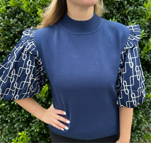 BLUE SWEATER WITH GEO SLEEVES