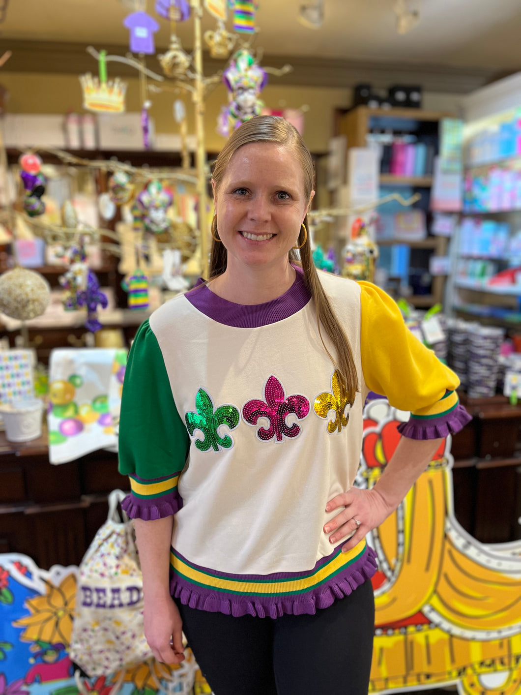 MARDI GRAS SEQUIN 3 FLEUR DE LIS TOP