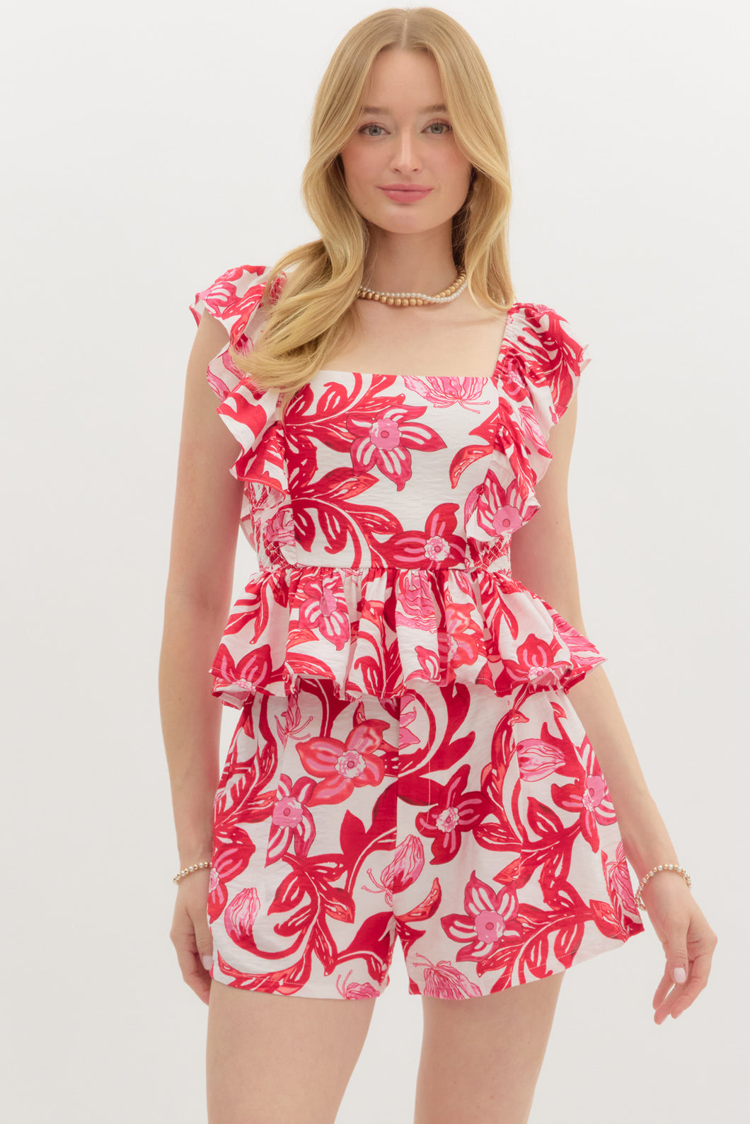 RED FLORAL SHORT SET
