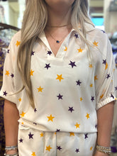 PURPLE & GOLD STARS STAND COLLAR TOP