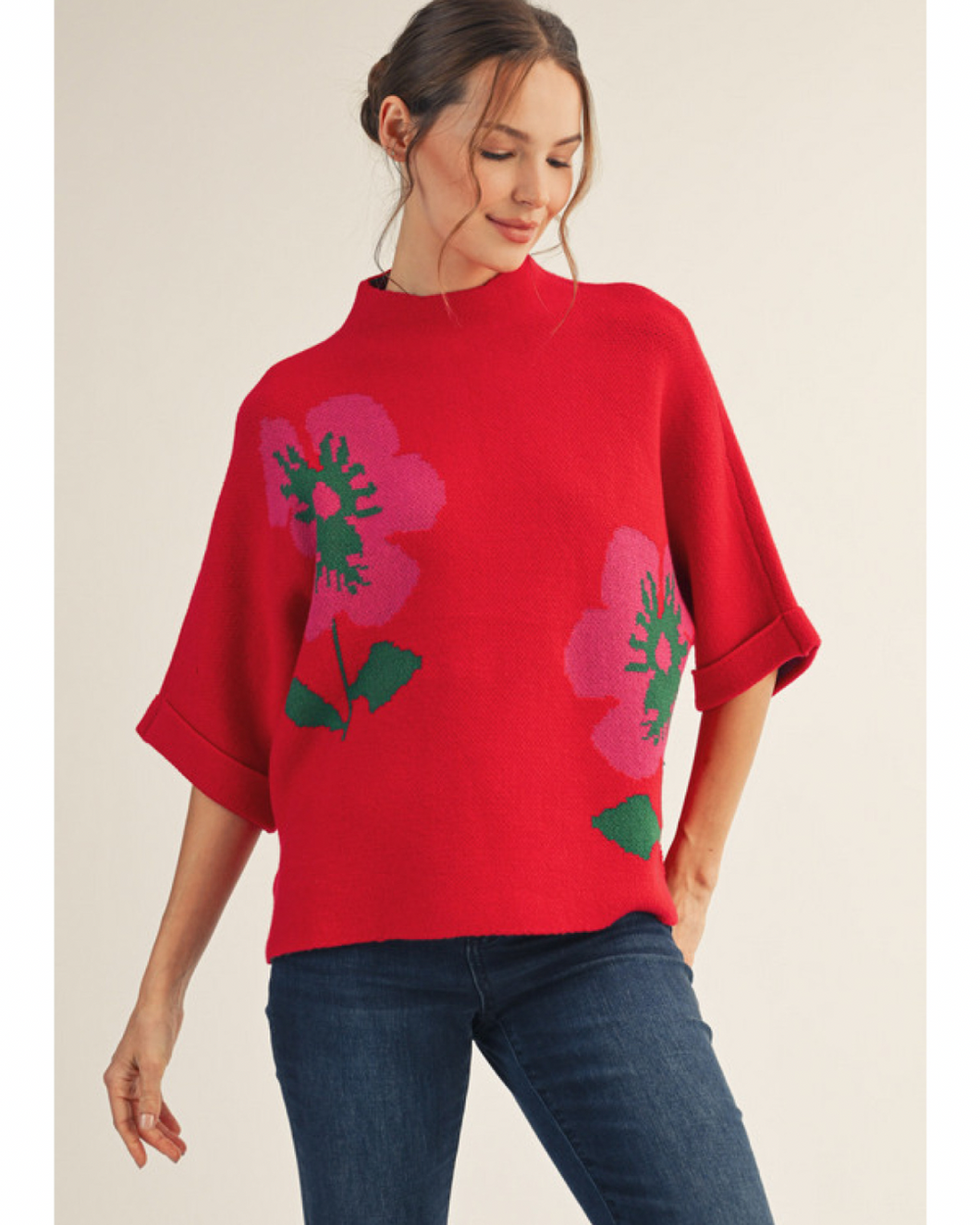RED WITH PINK FLOWERS SWEATER