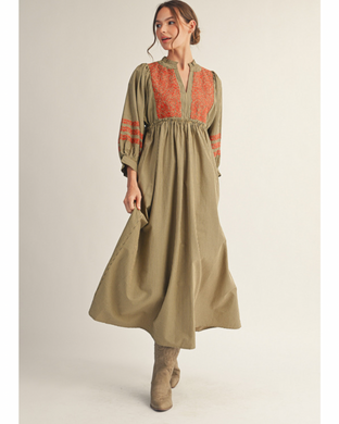 TAUPE STRIPE ORANGE EMBROIDERED DRESS