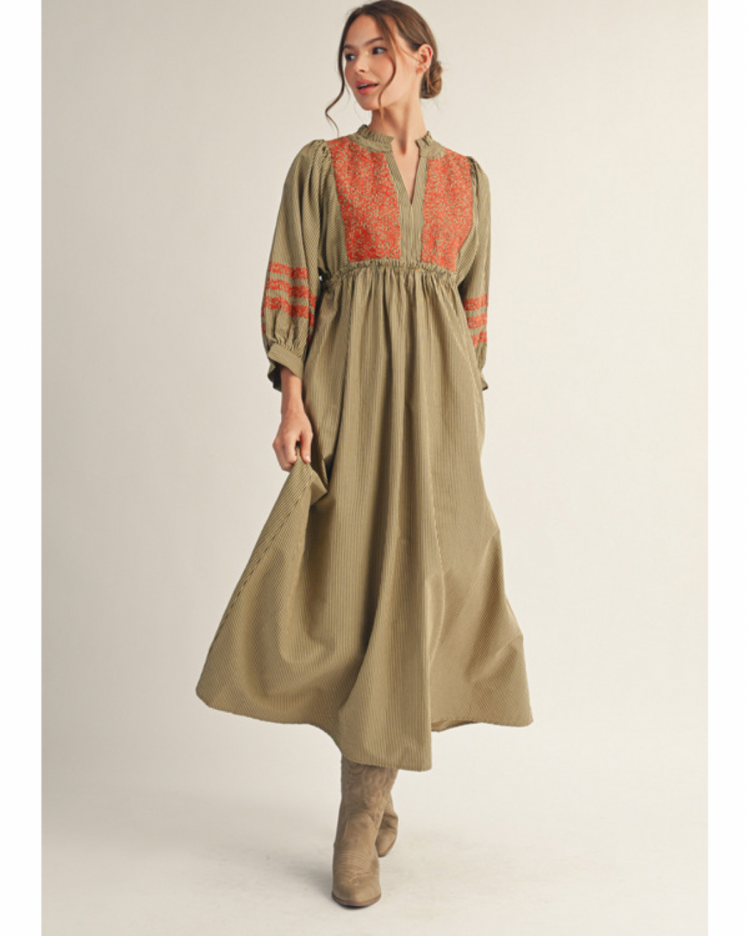 TAUPE STRIPE ORANGE EMBROIDERED DRESS