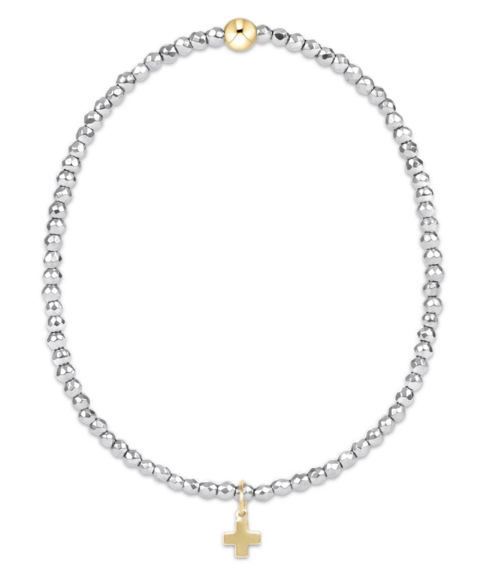 EXTENDS SILVER FACETED HEMATITE 2MM BEAD BRACELET SIGNATURE GOLD CROSS CHARM