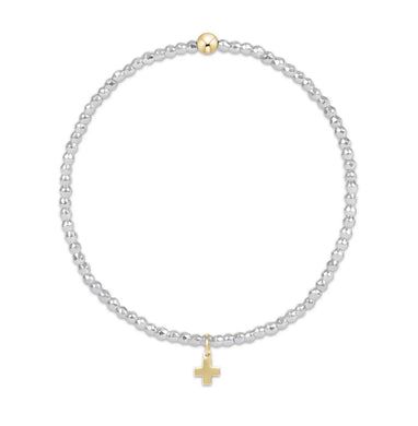 EGIRL BRIGHT SILVER FACETED HEMATITE 2MM BEAD BRACELET SIGNATURE CROSS GOLD CHARM