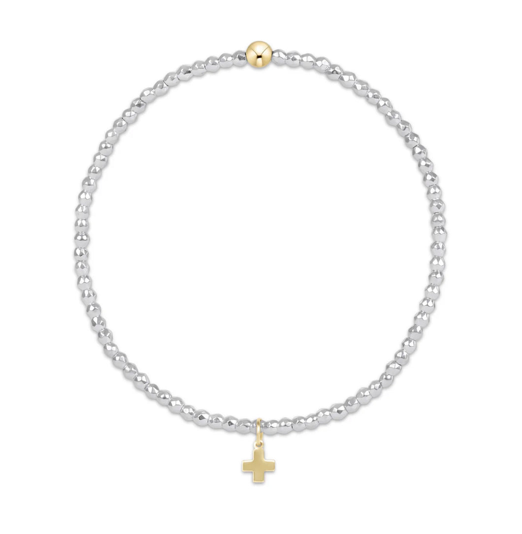EGIRL BRIGHT SILVER FACETED HEMATITE 2MM BEAD BRACELET SIGNATURE CROSS GOLD CHARM