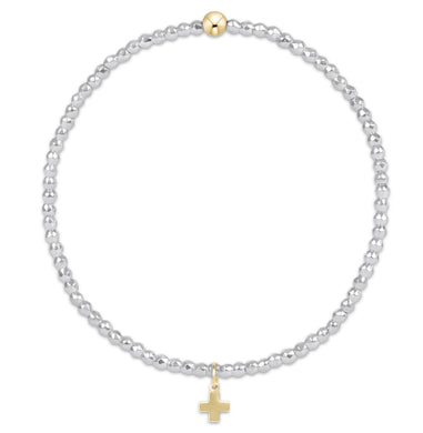 EXTENDS BRIGHT SILVER FACETED HEMATITE 2MM BEAD BRACELET SIGNATURE CROSS GOLD CHARM