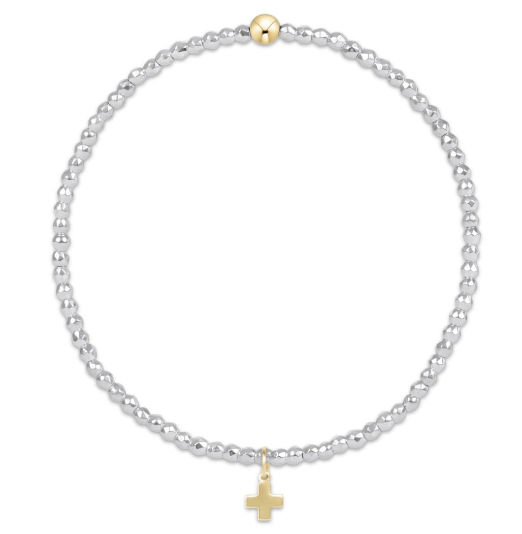 EXTENDS BRIGHT SILVER FACETED HEMATITE 2MM BEAD BRACELET SIGNATURE CROSS GOLD CHARM
