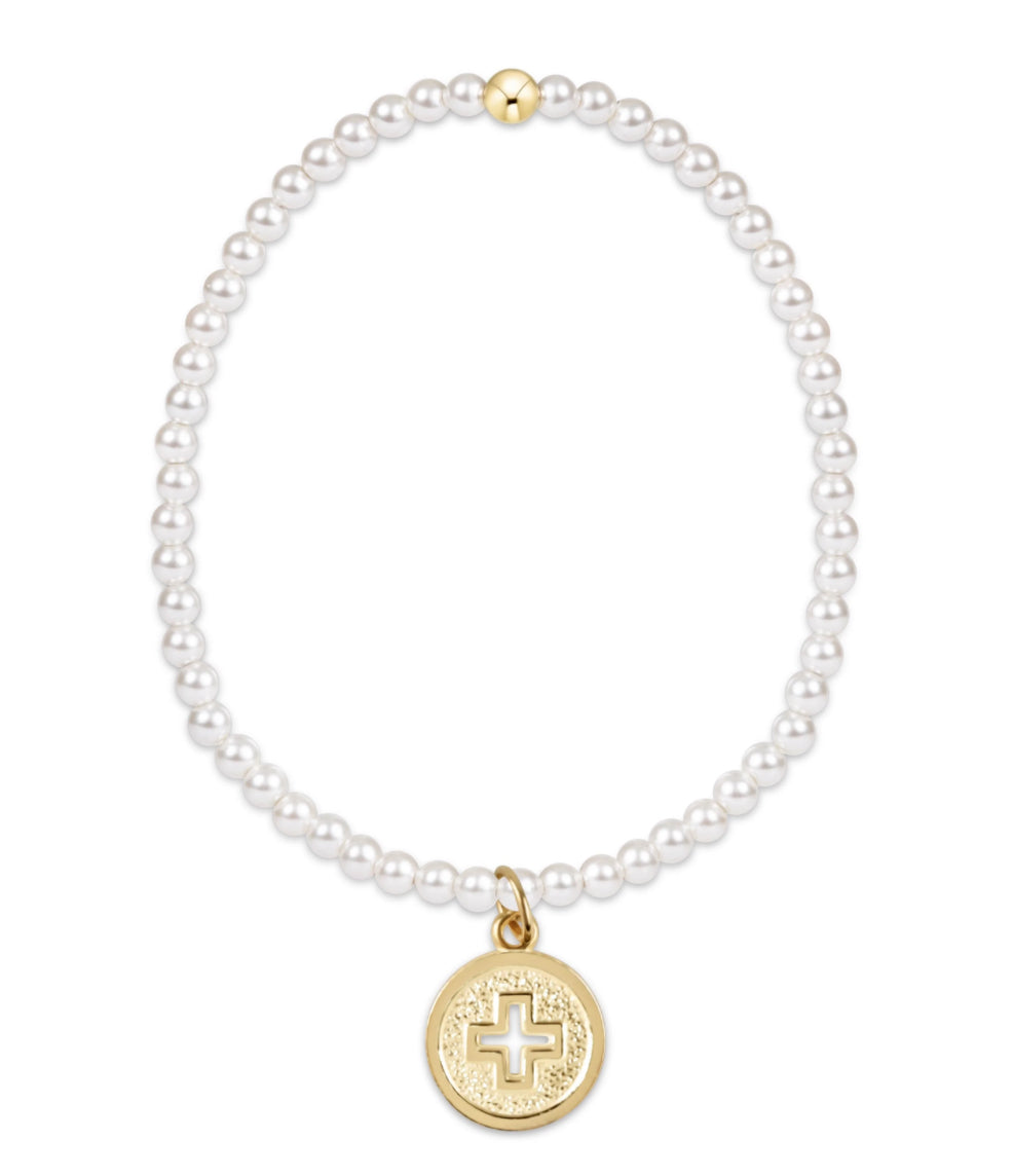 EXTENDS CLASSIC PEARL 3MM BEAD BRACELET SIGNATURE CROSS GOLD DISC