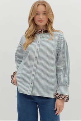 BLUE STRIPE LEOPARD TRIM TOP