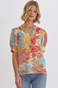 PINK AND BLUE LEAF PATTERN TOP