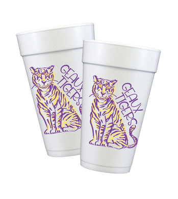 2 COLOR PURPLE & GOLD TIGER STYRO CUPS
