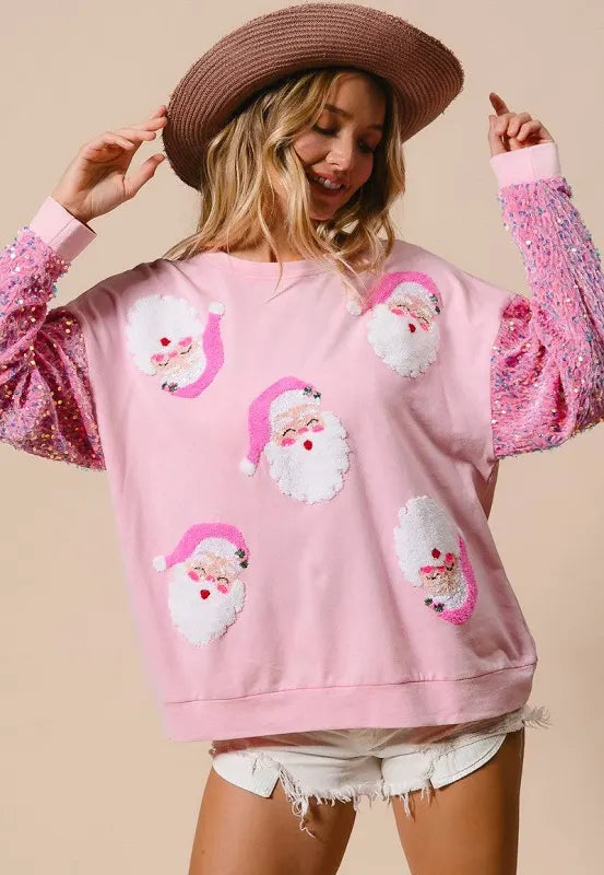 PINK SANTA FACE SPARKLE TOP