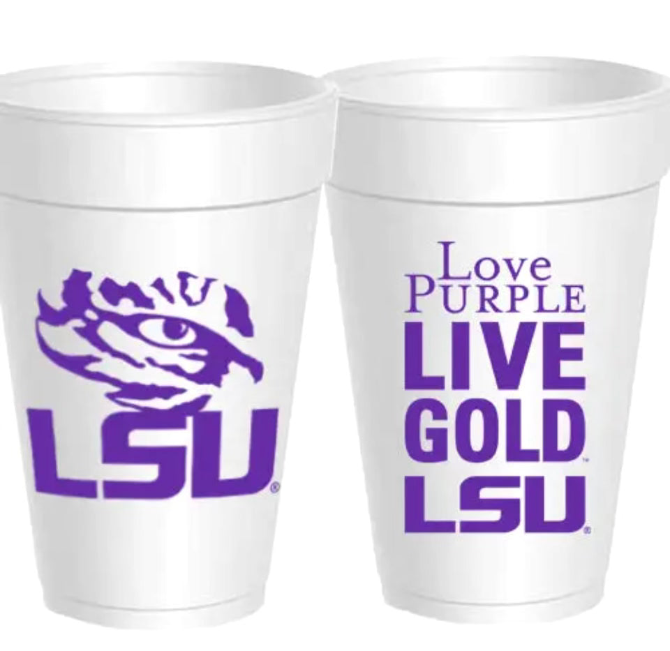 LOVE PURPLE LIVE GOLD STYROFOAM CUPS