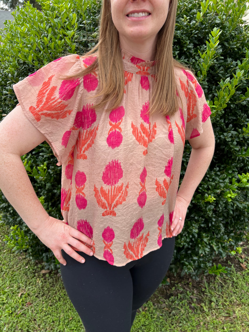 PINK ORANGE FLUTTER SLEEVE TOP