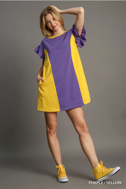 PURPLE AND GOLD COLOR BLOCK DRESS