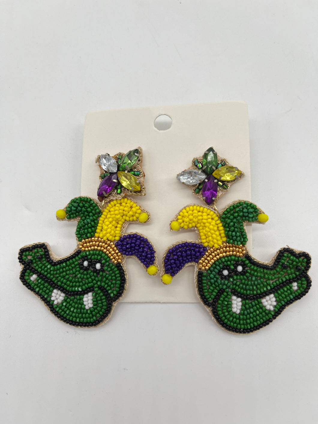 MARDI GRAS ALLIGATOR BEADED EARRINGS