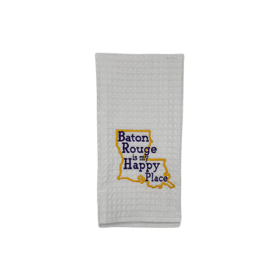 PURPLE AND GOLD BATON ROUGE IS MY HAPPY PLACE TOWEL
