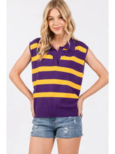 PURPLE & GOLD STRIPED SLEEVELESS SWEATER TOP
