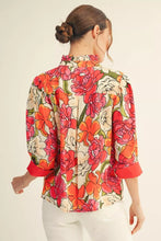FLORAL BUTTON UP RUFFLE NECK TOP
