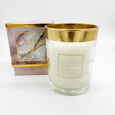 POMEGRANATE PEEL AND AMBER GRANDE GOLD BAND GLASS CANDLE