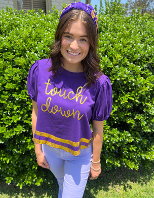 PURPLE AND GOLD TOUCHDOWN SEQUIN TOP
